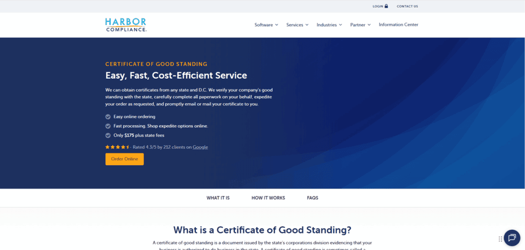 Harbor Compliance Certificate of Good Standing