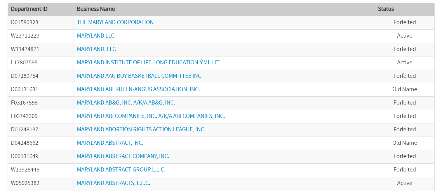 Maryland (MD) Secretary of State (SOS) LLC & Business Search