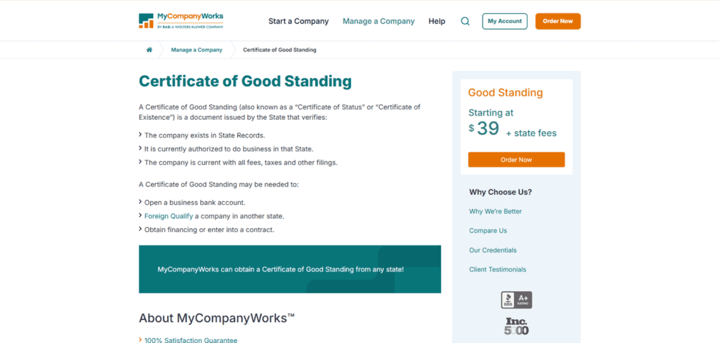 MyCompanyWorks Certificate of Good Standing