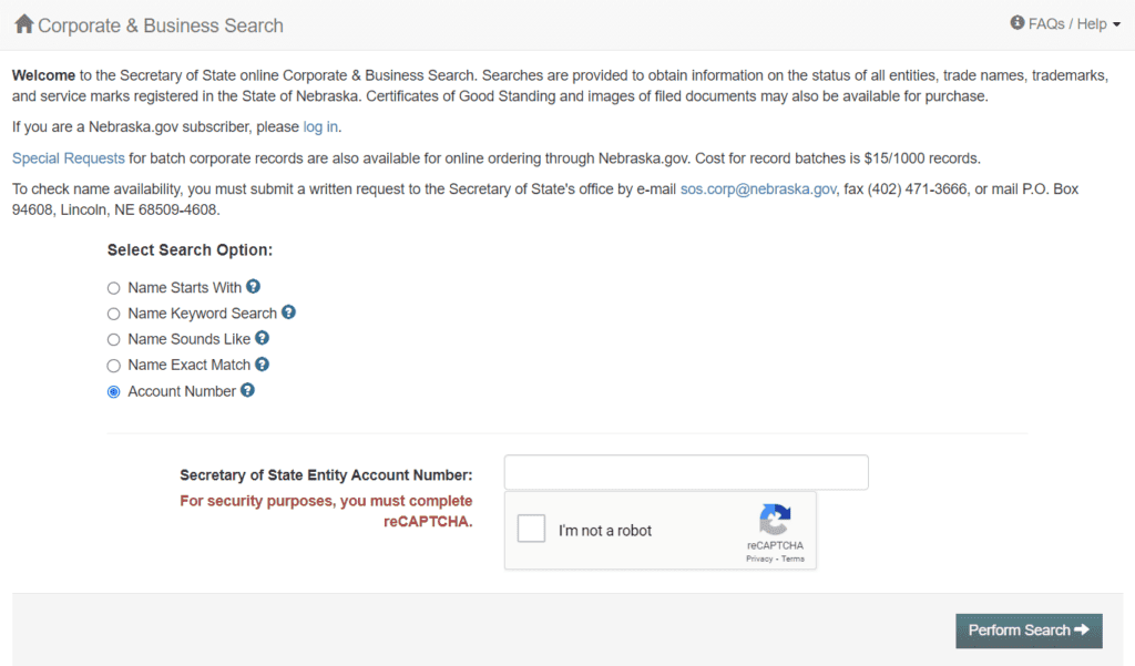 Nebraska Business Search account number