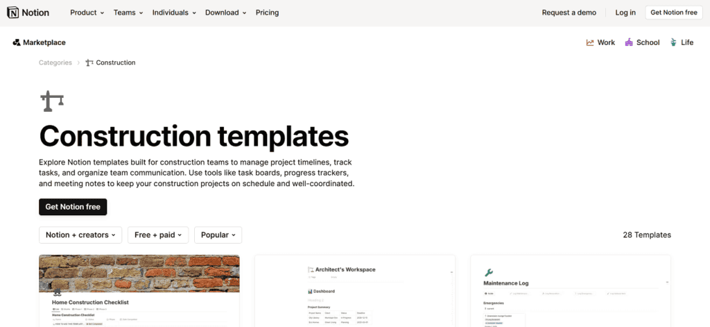 Notion construction project management software