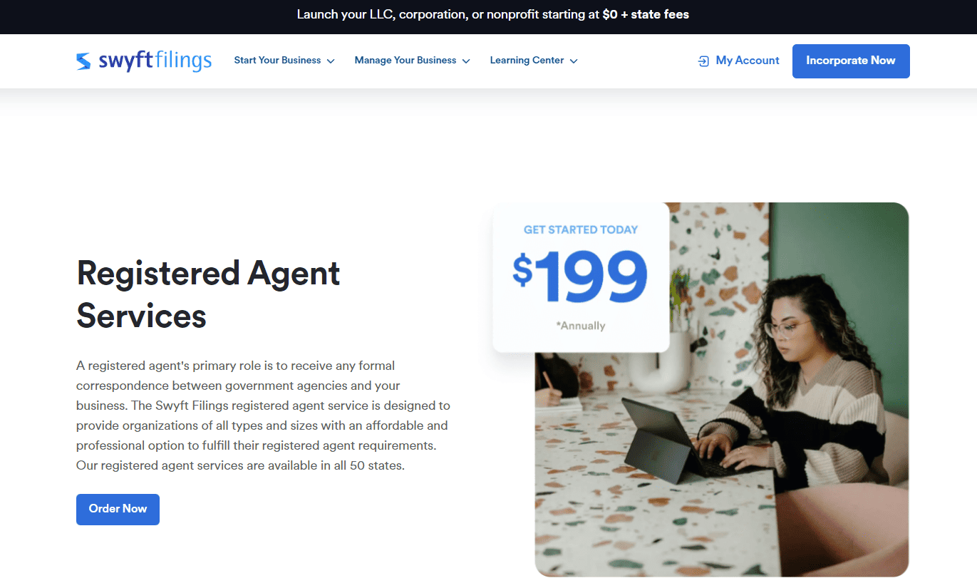 Swyft Filings Registered Agent Sevices Landing Page