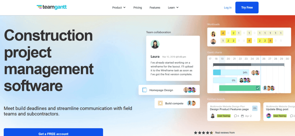 TeamGantt construction project management software