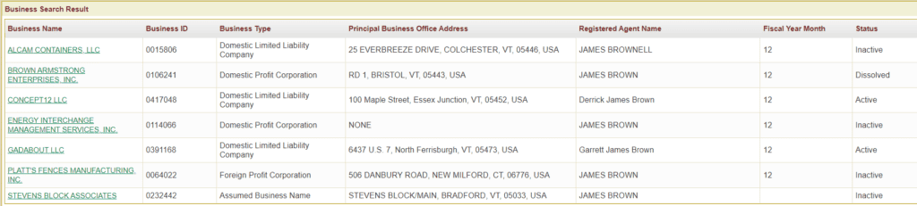 Vermont Business Search agent name results