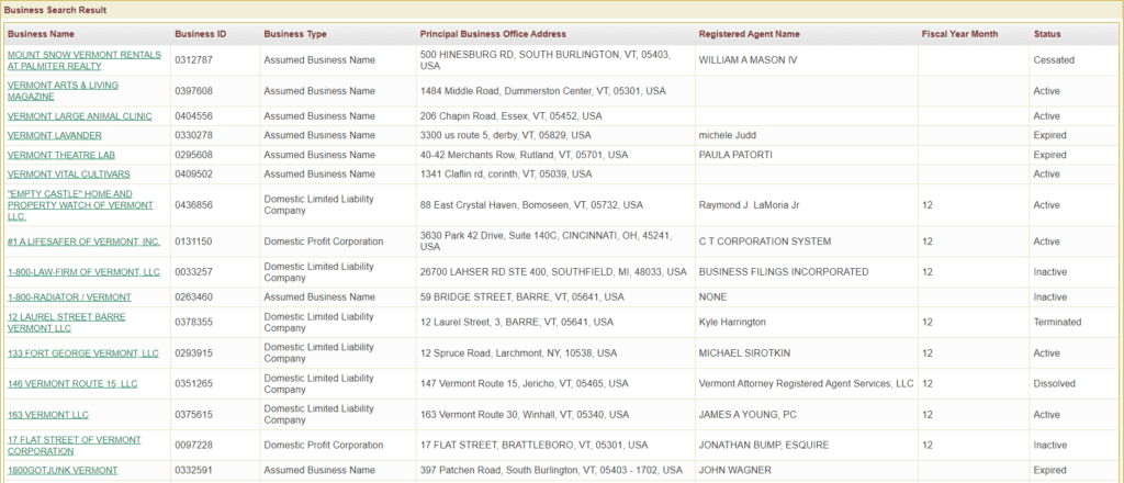 Vermont Business Search business name results