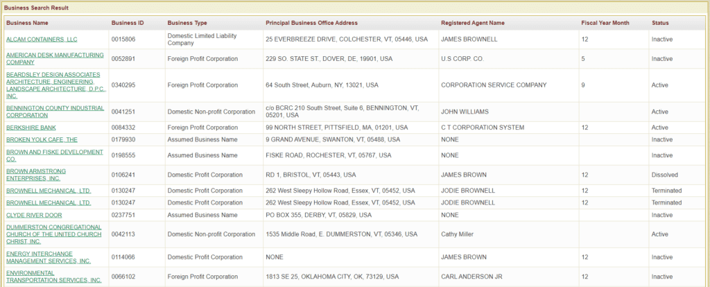 Vermont Business Search principal name results