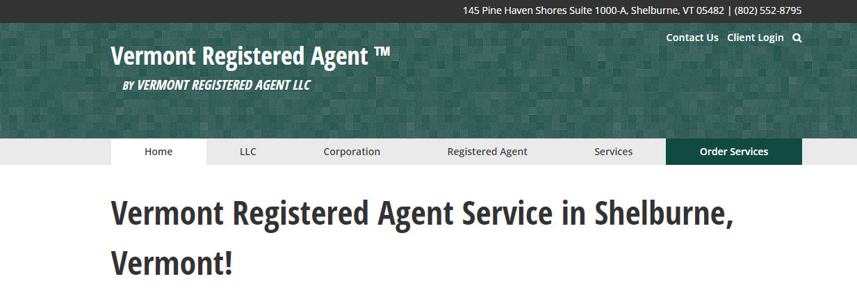 Vermont Registered Agent Services LLC Landing Page