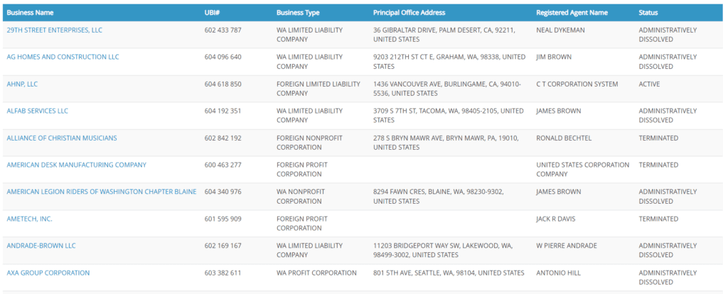 Washington Business Search governor name results