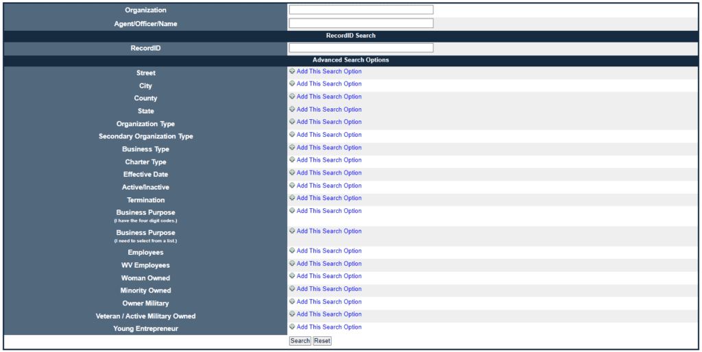 West Virginia Business Search advanced