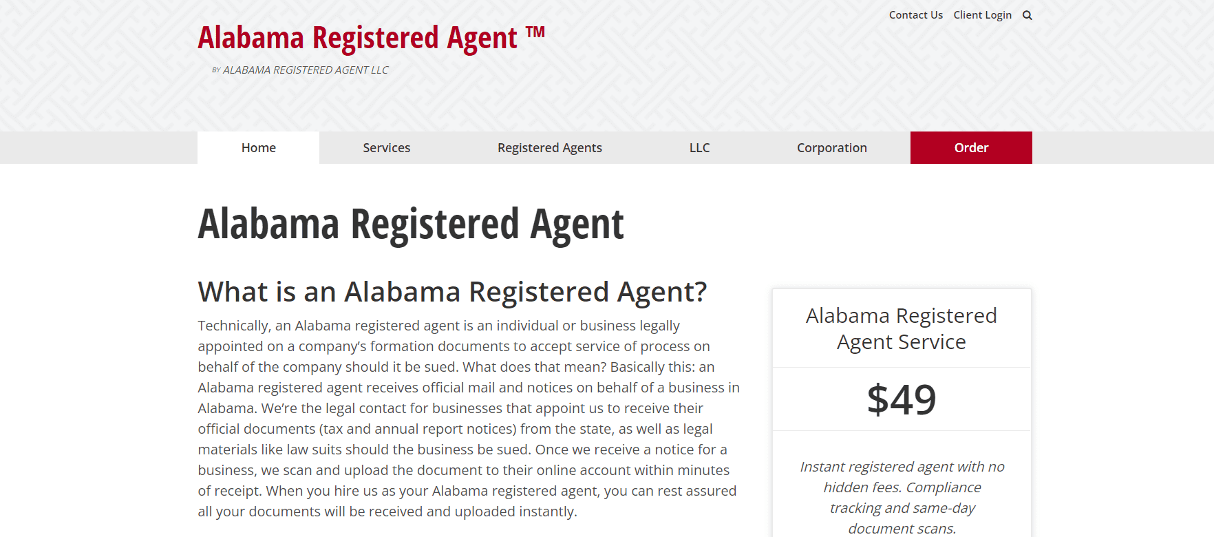 Alabama Registered Agent landing page.