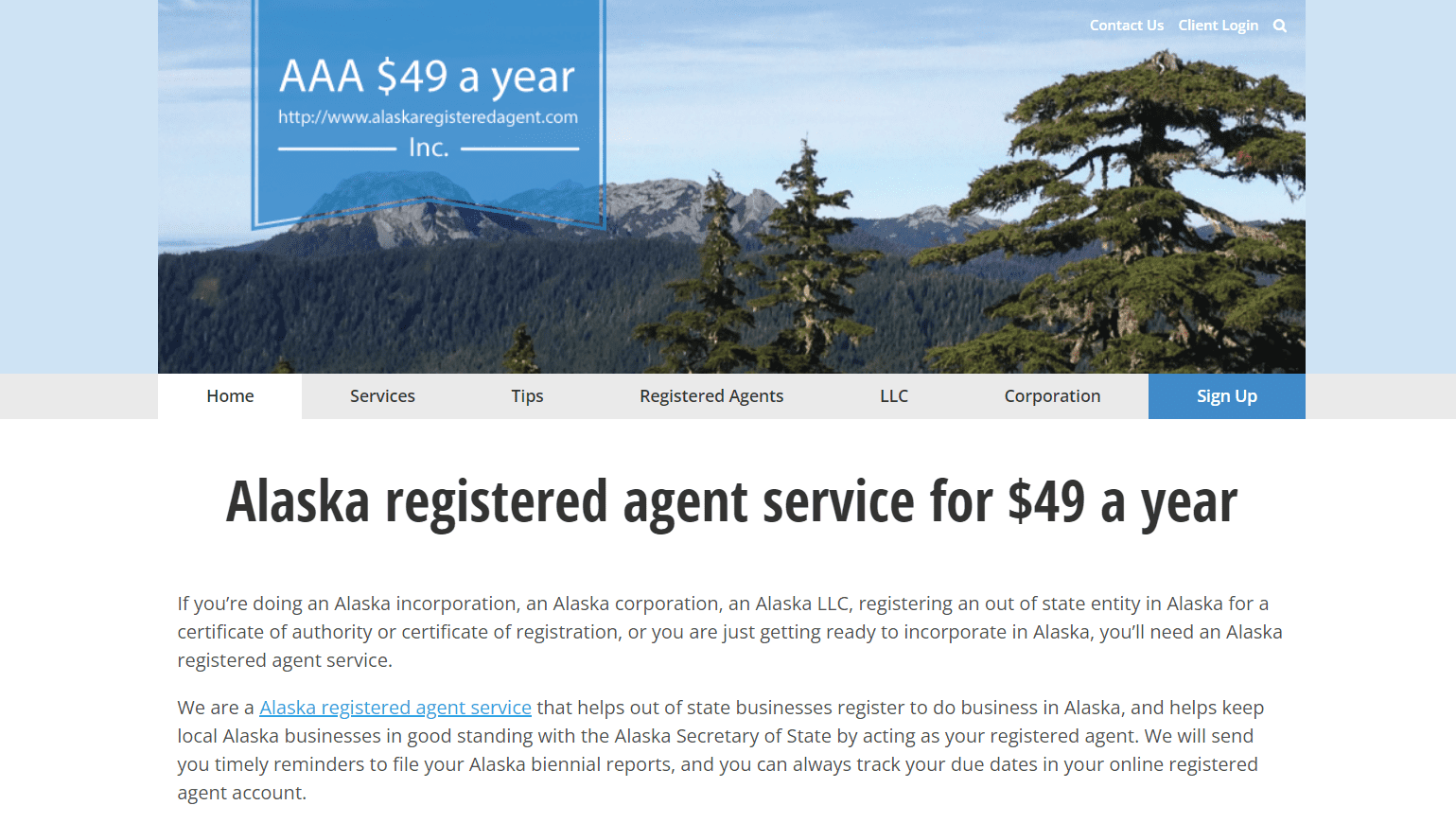 Alaska Registered Agent landing page.