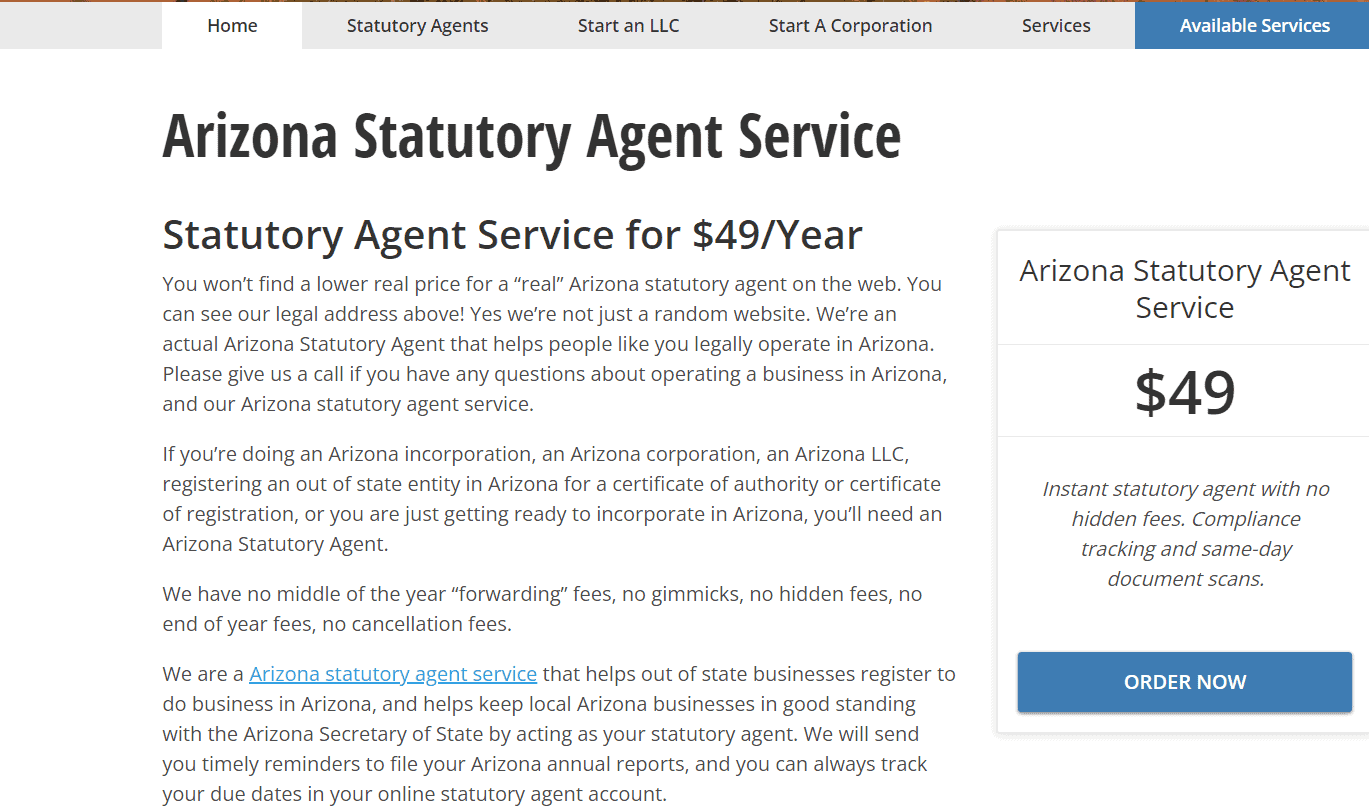 Arizona Statutory Agent Service landing page.