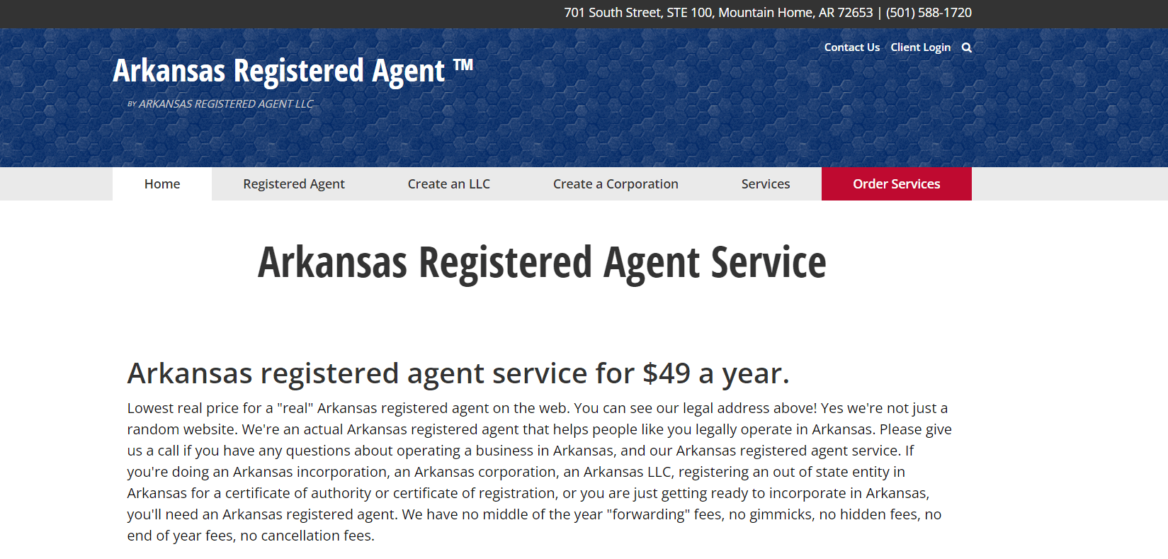 Arkansas Registered Agent Service landing page.