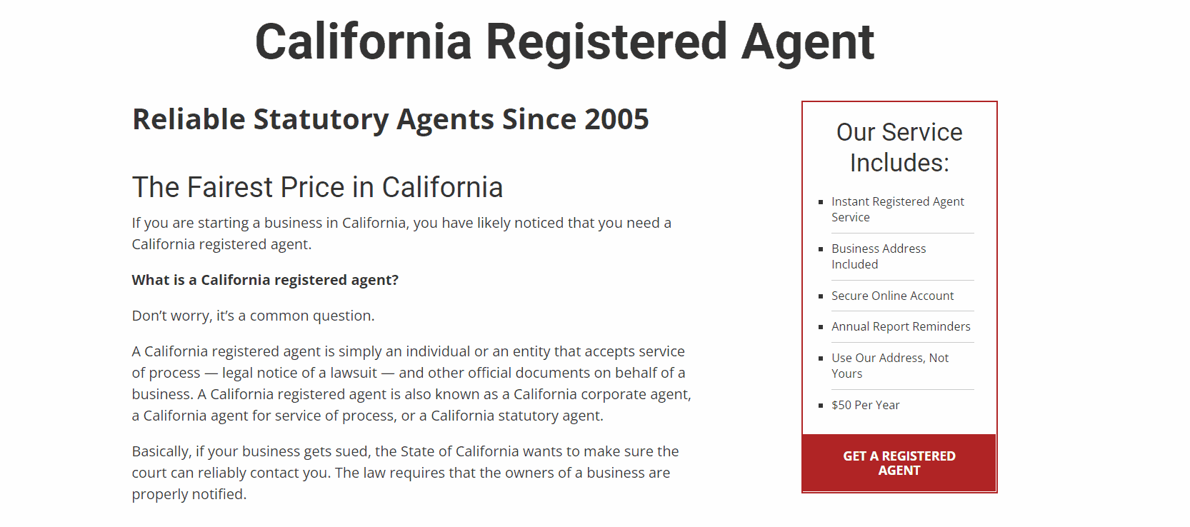 California Registered Agent landing page.