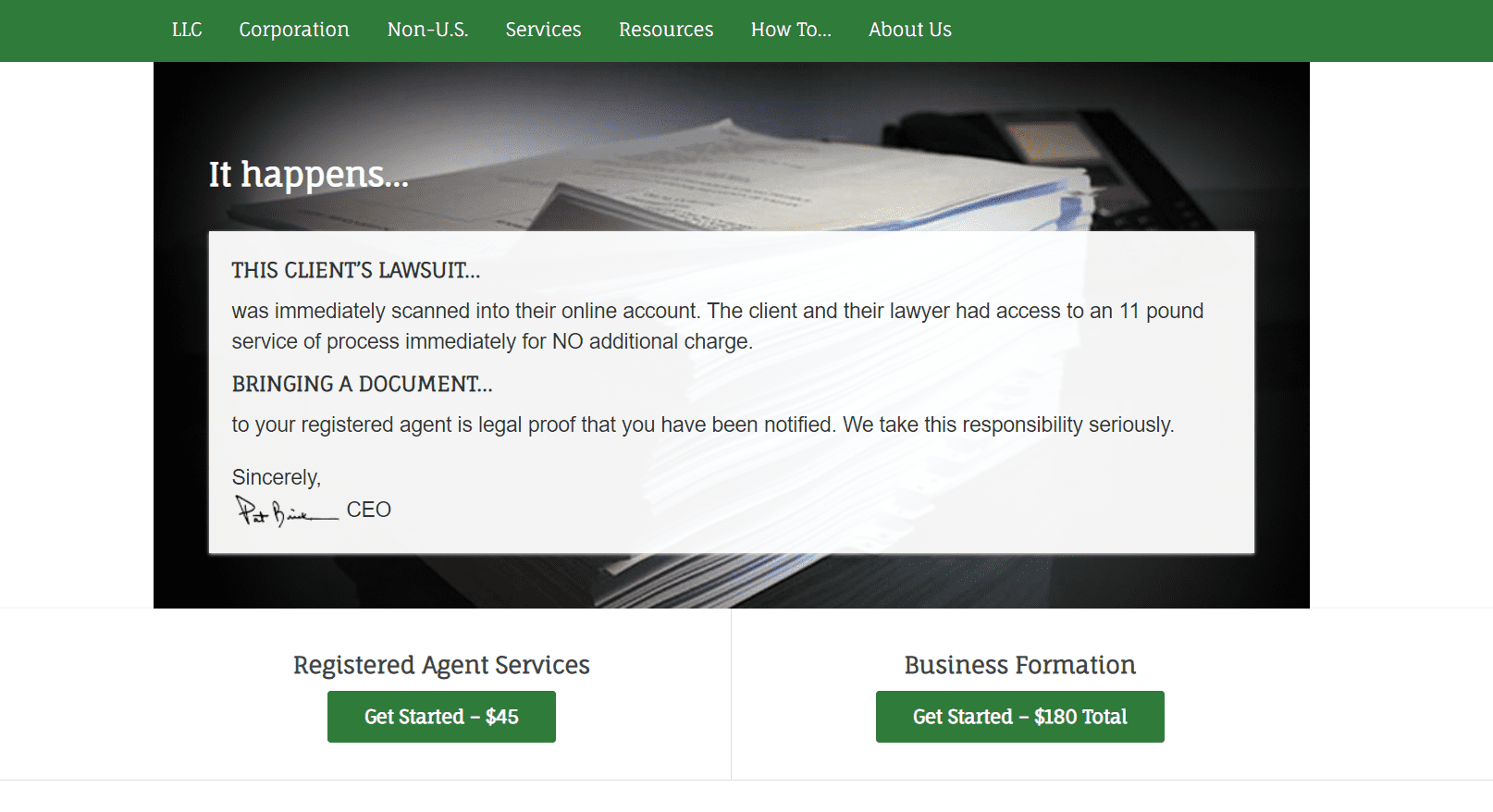 Delaware registered agent landing page