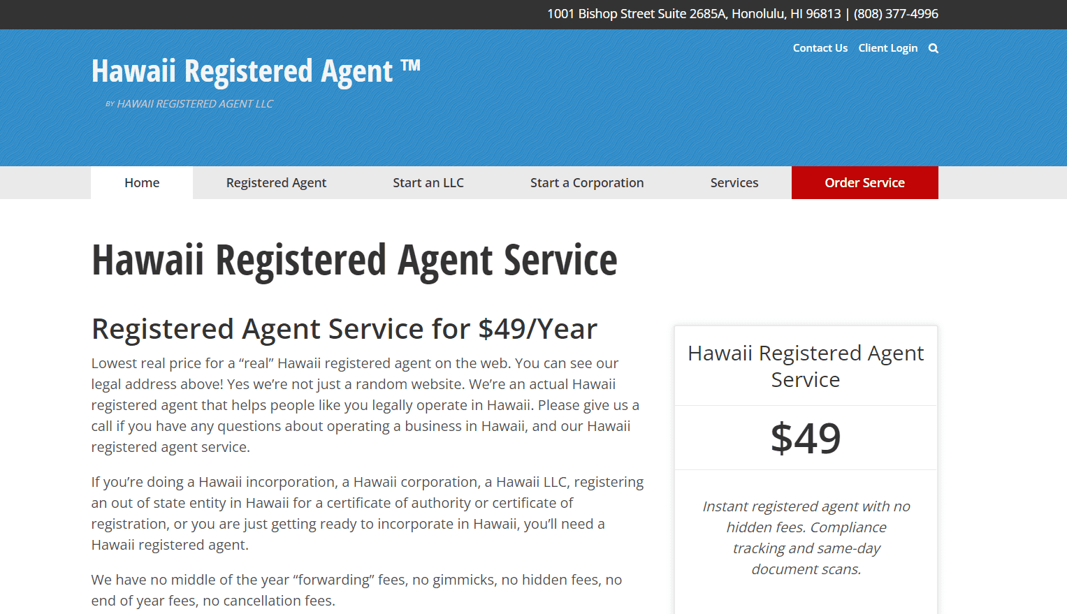 Hawaii Registered Agent landing page