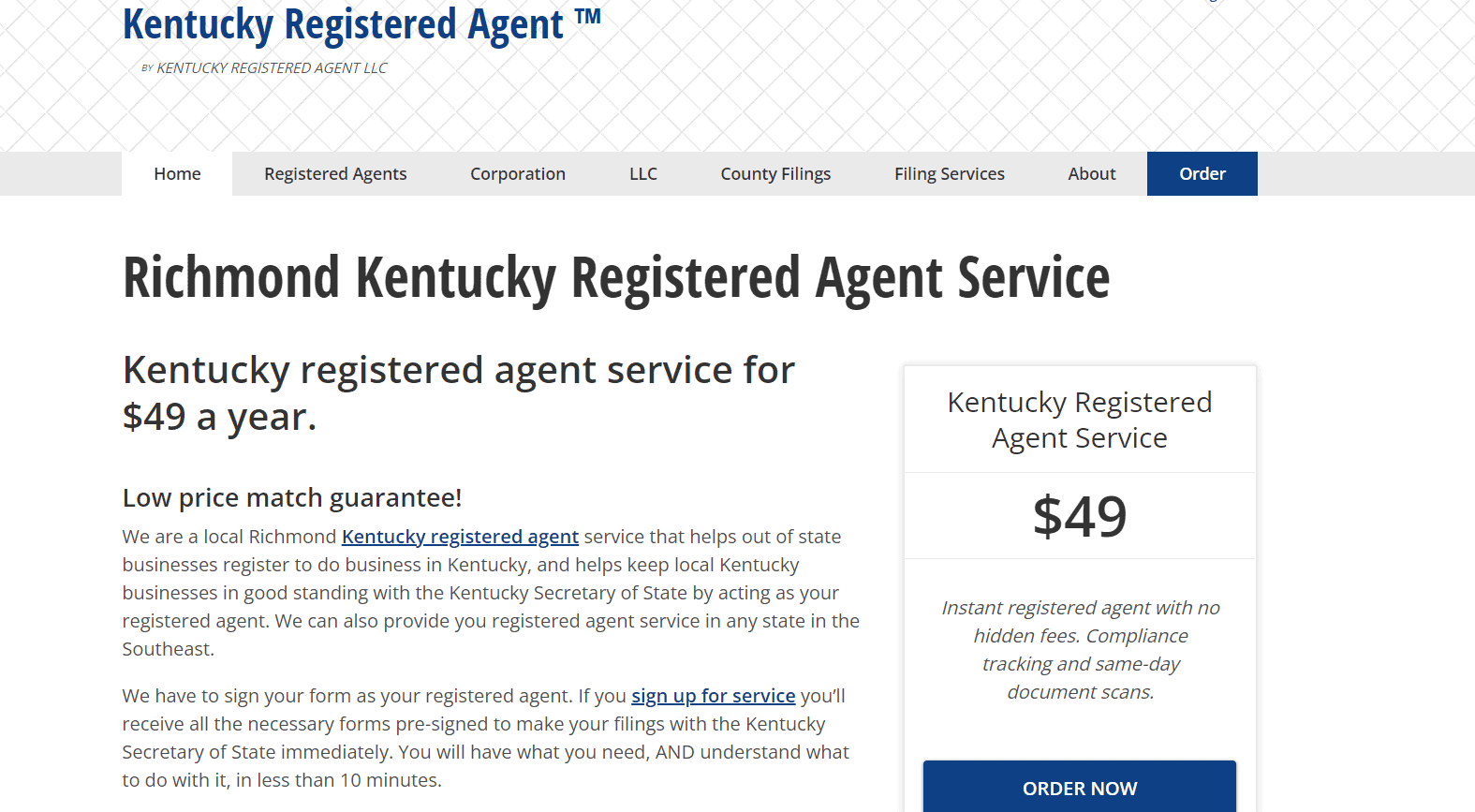 Kentucky Registered Agent landing page