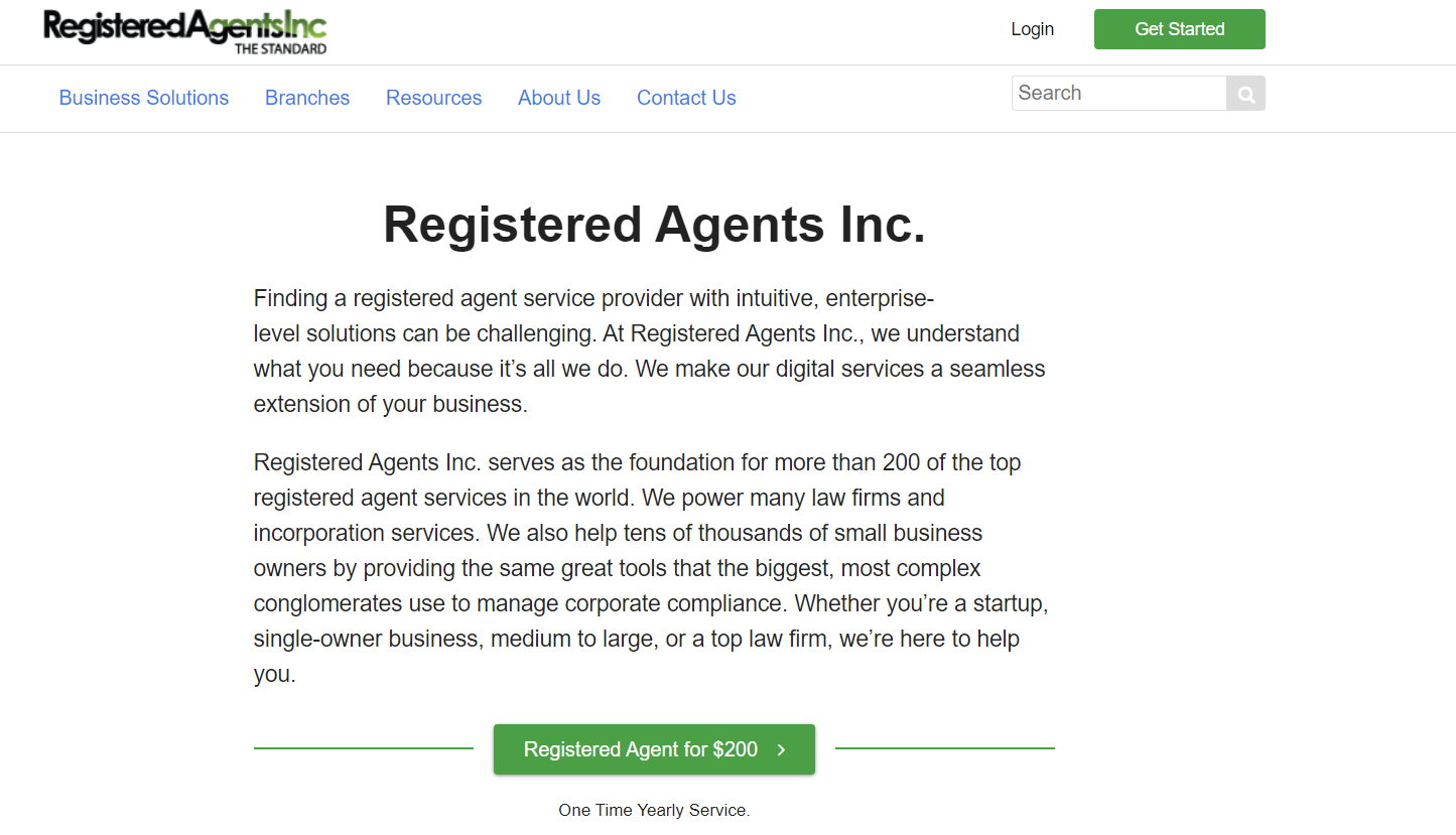 Registered Agent Inc landing page.