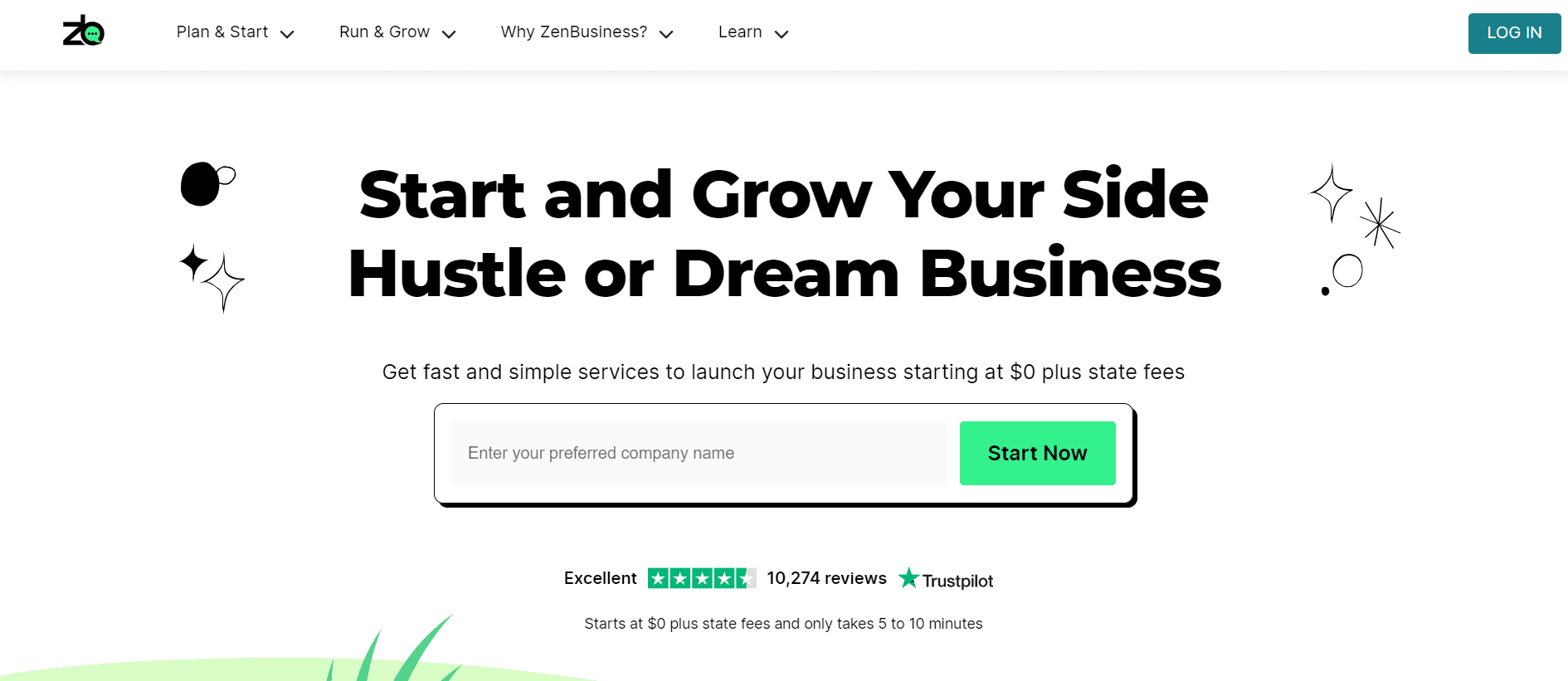 ZenBusiness' landing page